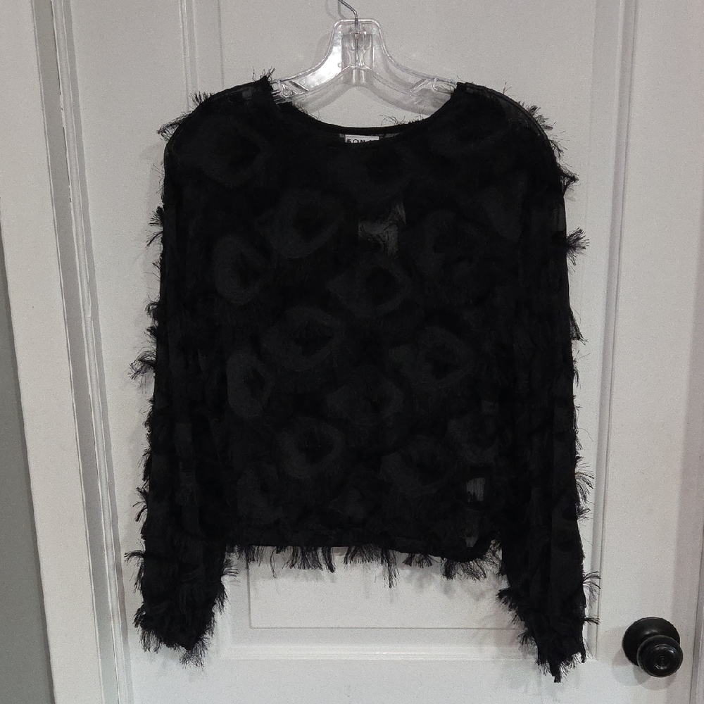 Sonja Black Textured Fringe Long-Sleeve Top